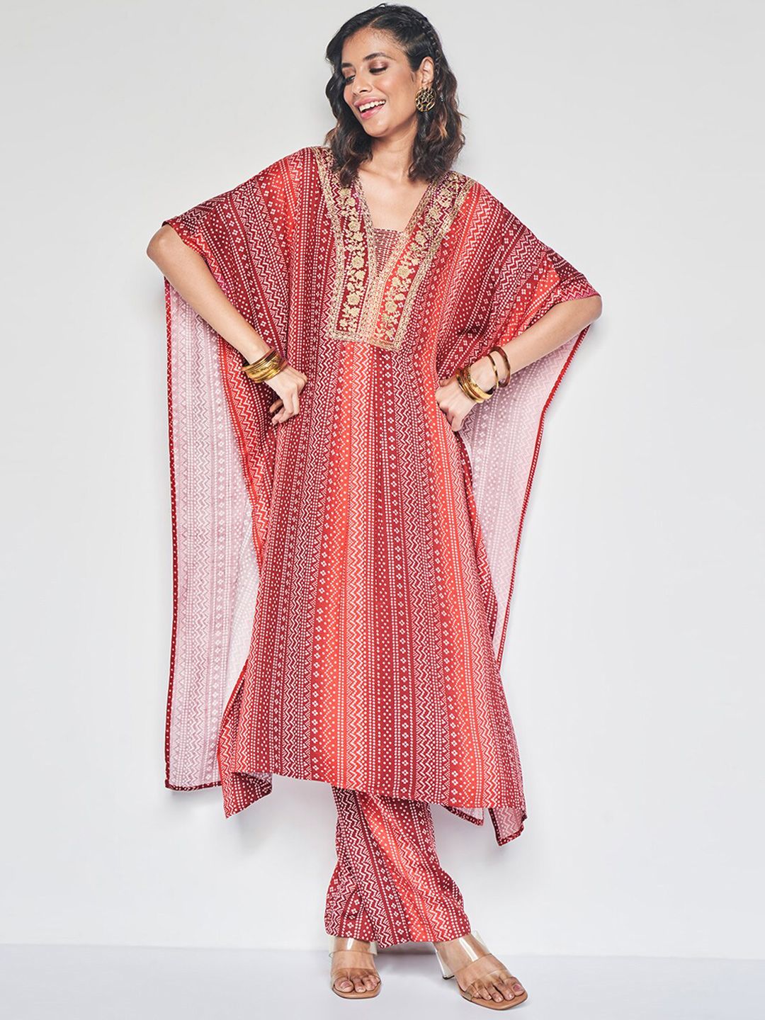 Global Desi Women Ethnic Motifs Printed Regular Thread Work Kurta with Palazzos