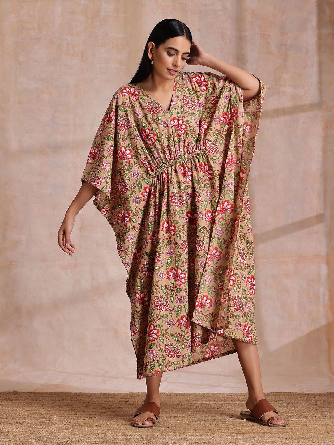 Pakaian Cotton Cotton Kaftan Midi yang bercetak bunga