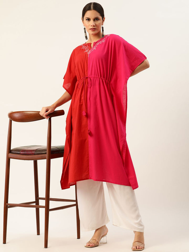 Anouk Women Red & Pink Colourblocked Cotton Kimono Sleeves Kaftan Kurta with Waist Tie-Up