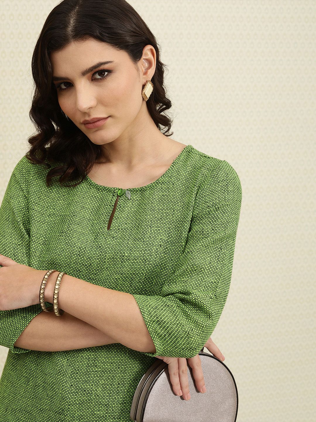 House of Pataudi Women Green & Black Keyhole Neck Kurta