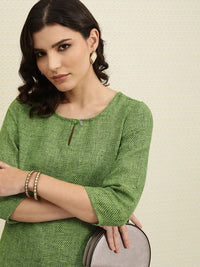 House of Pataudi Women Green & Black Keyhole Neck Kurta