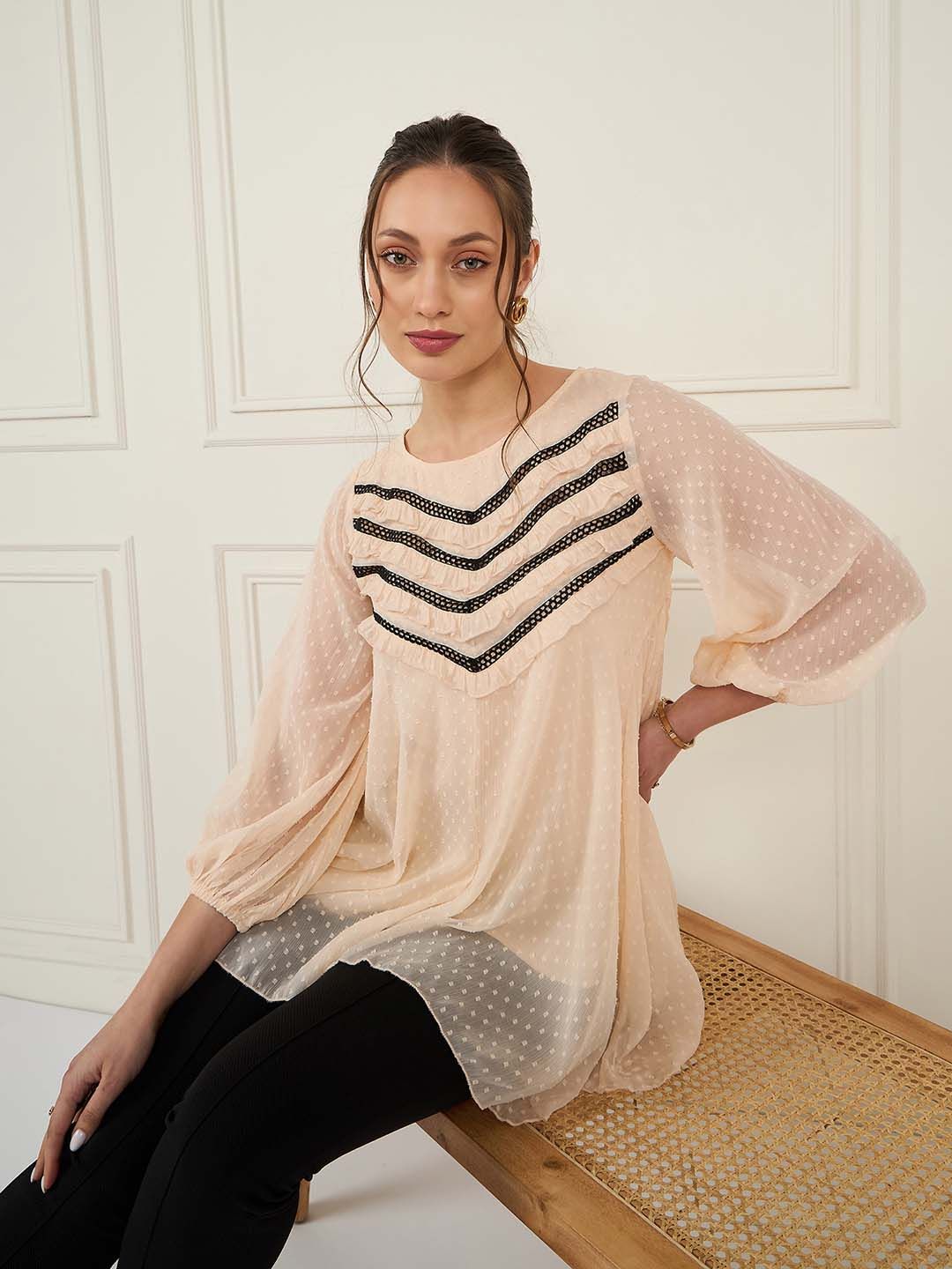 Antheaa Peach-Coloured Self Design Cuffed Sleeves Lace Inserts Chiffon A-Line Top