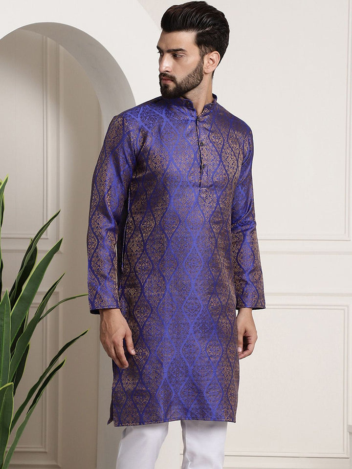 SOJANYA Kurta Jacquard Berwarna Biru & Emas Lelaki