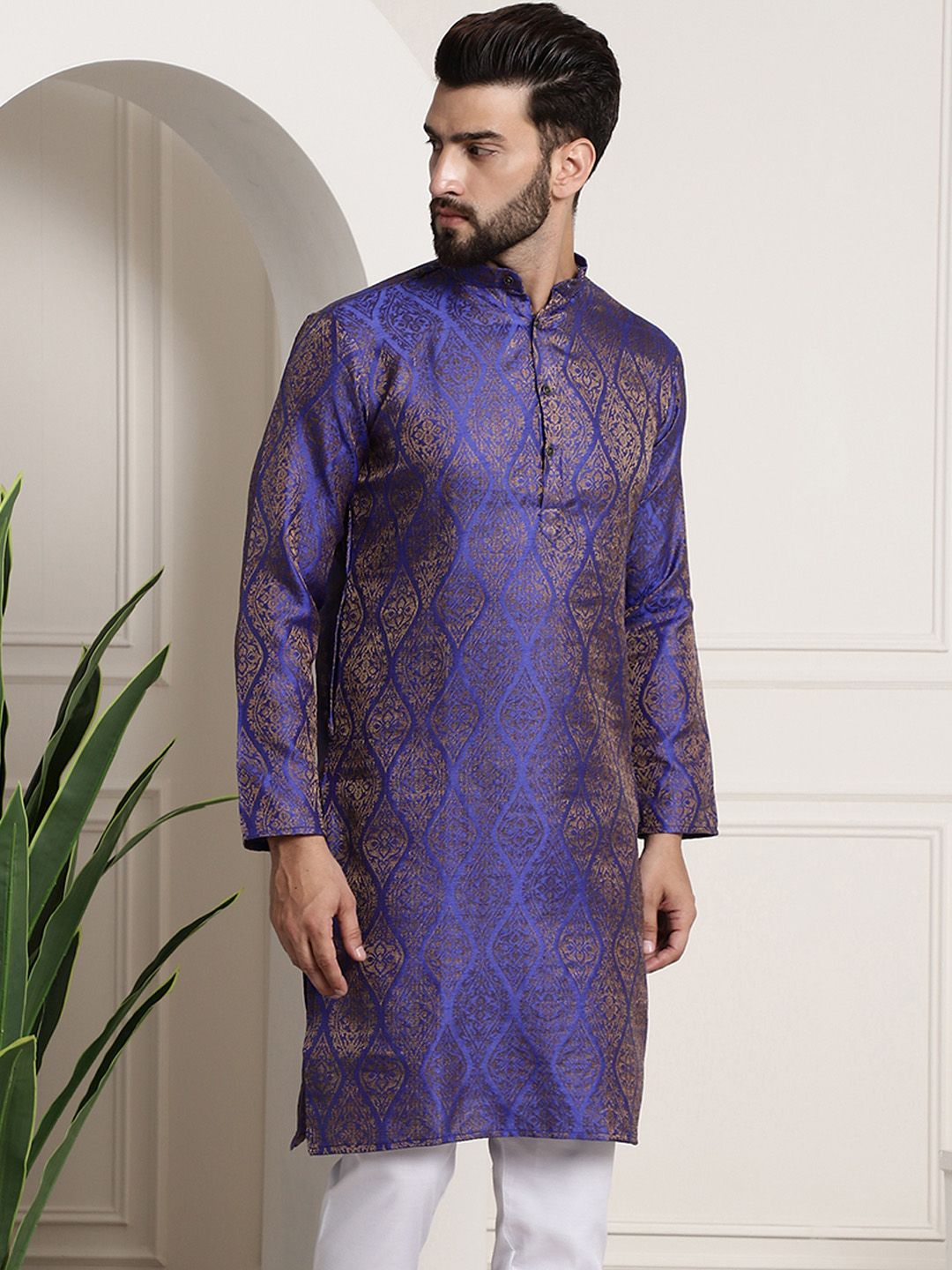 SOJANYA Kurta Jacquard Berwarna Biru & Emas Lelaki
