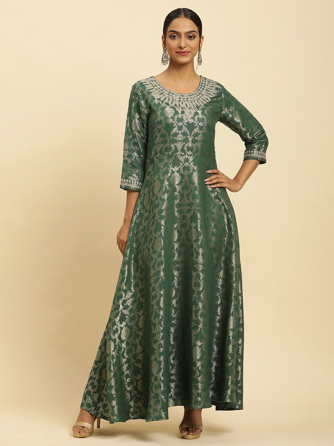 W Green Floral Woven Design Round Neck Gathered Fit & Flare Maxi Ethnic Dress