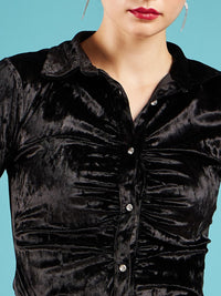 SASSAFRAS Spread Collar Slim Fit Textured Velvet Ruched Party Shirt