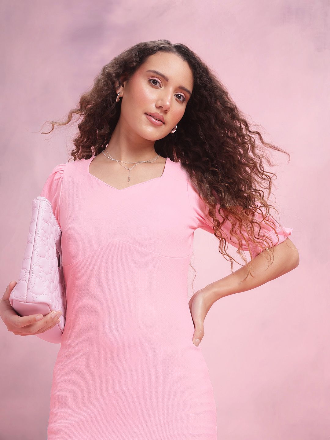 DressBerry Puff Sleeves Sheath Midi Dress