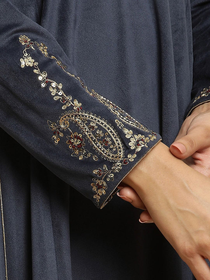 W Navy Blue Paisley Yoke Design Sequinned Anarkali Kurta