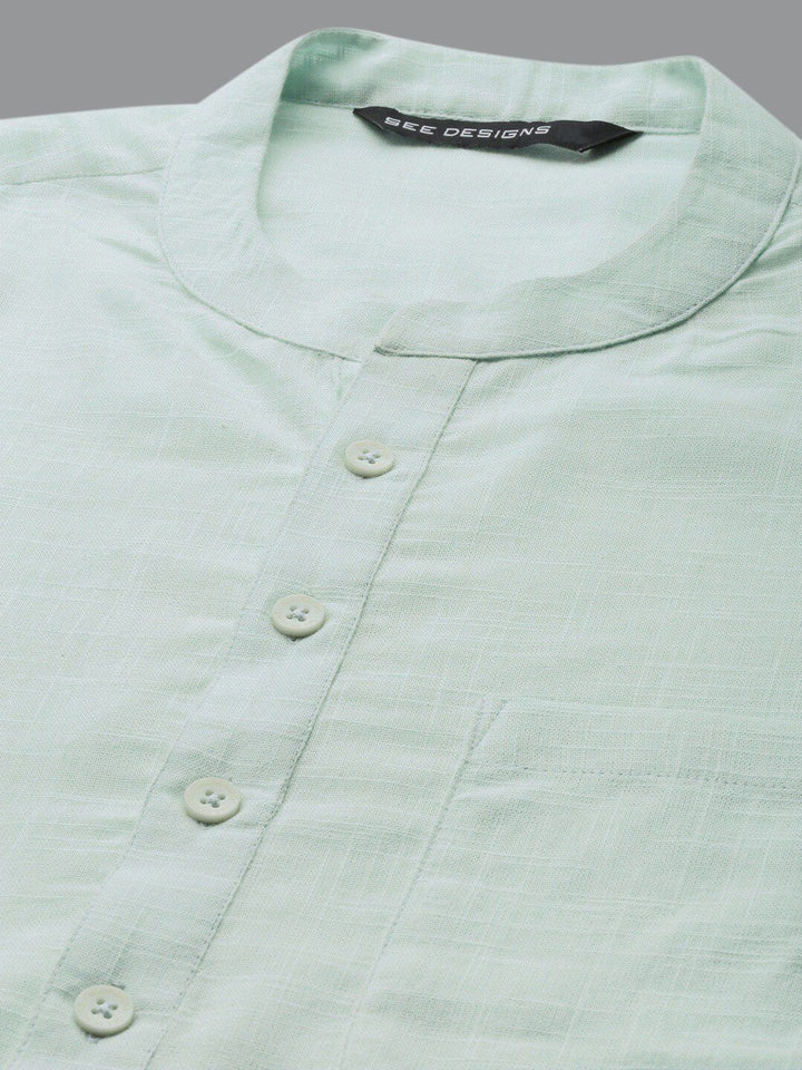 See Designs Men Green Yoke Design Thread Work Kurta