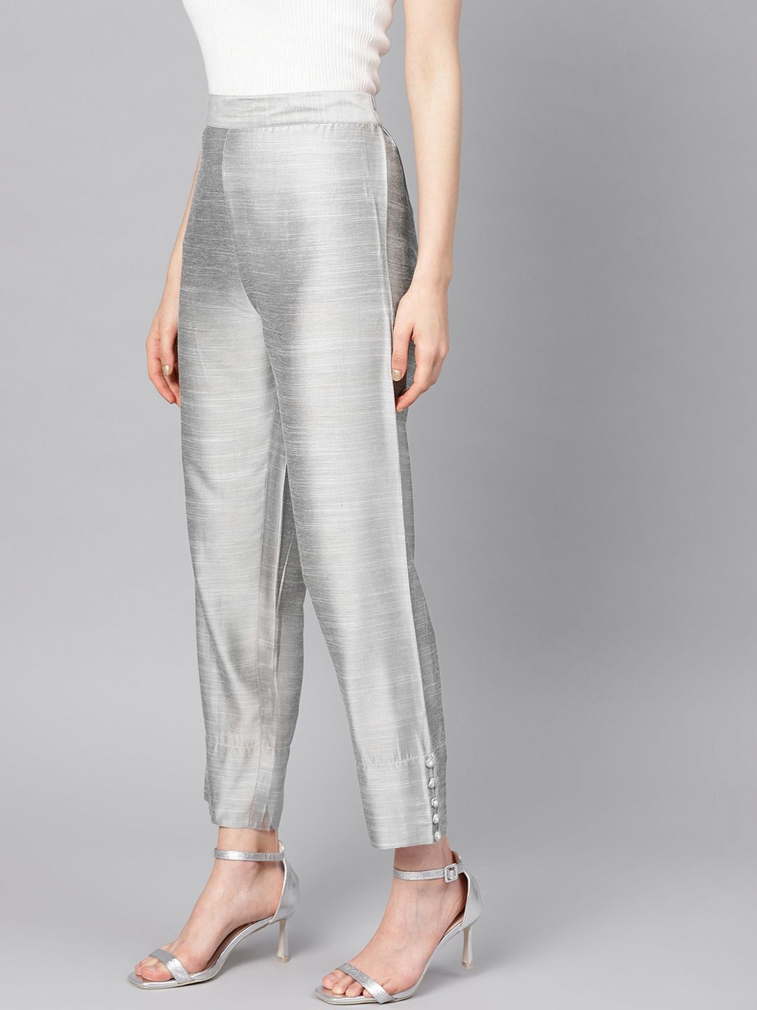 Varanga Women Silver Silk Regular Cropped Trousers