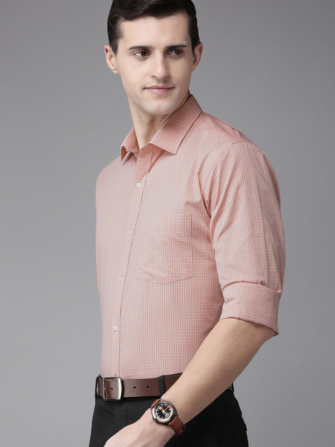 Park Avenue Men Dusty Pink Slim Fit Checked Pure Cotton Formal Shirt