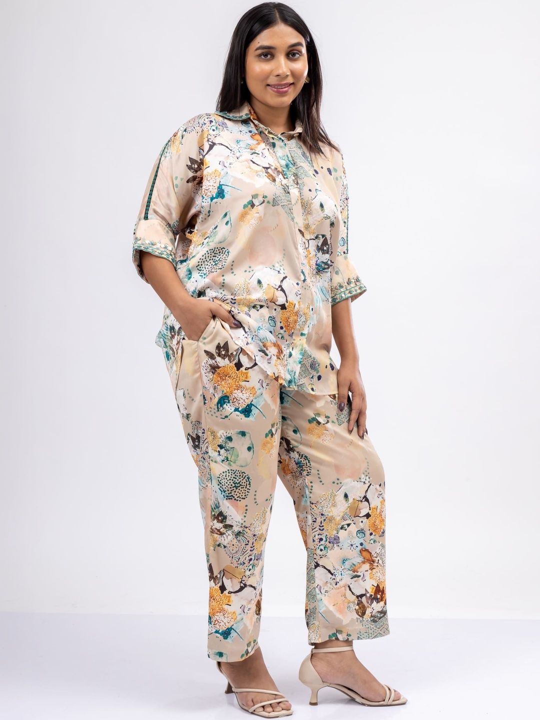 Mamicha Printed Shirt Collar Shirt & Trousers Co-Ords