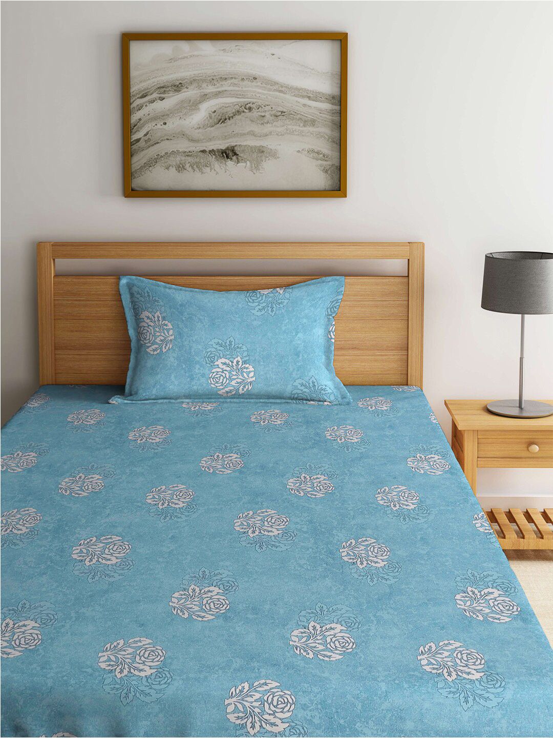KLOTTHE Turquoise Blue Floral-Printed 400TC Pure-Cotton Single Bedsheet With Pillow Cover