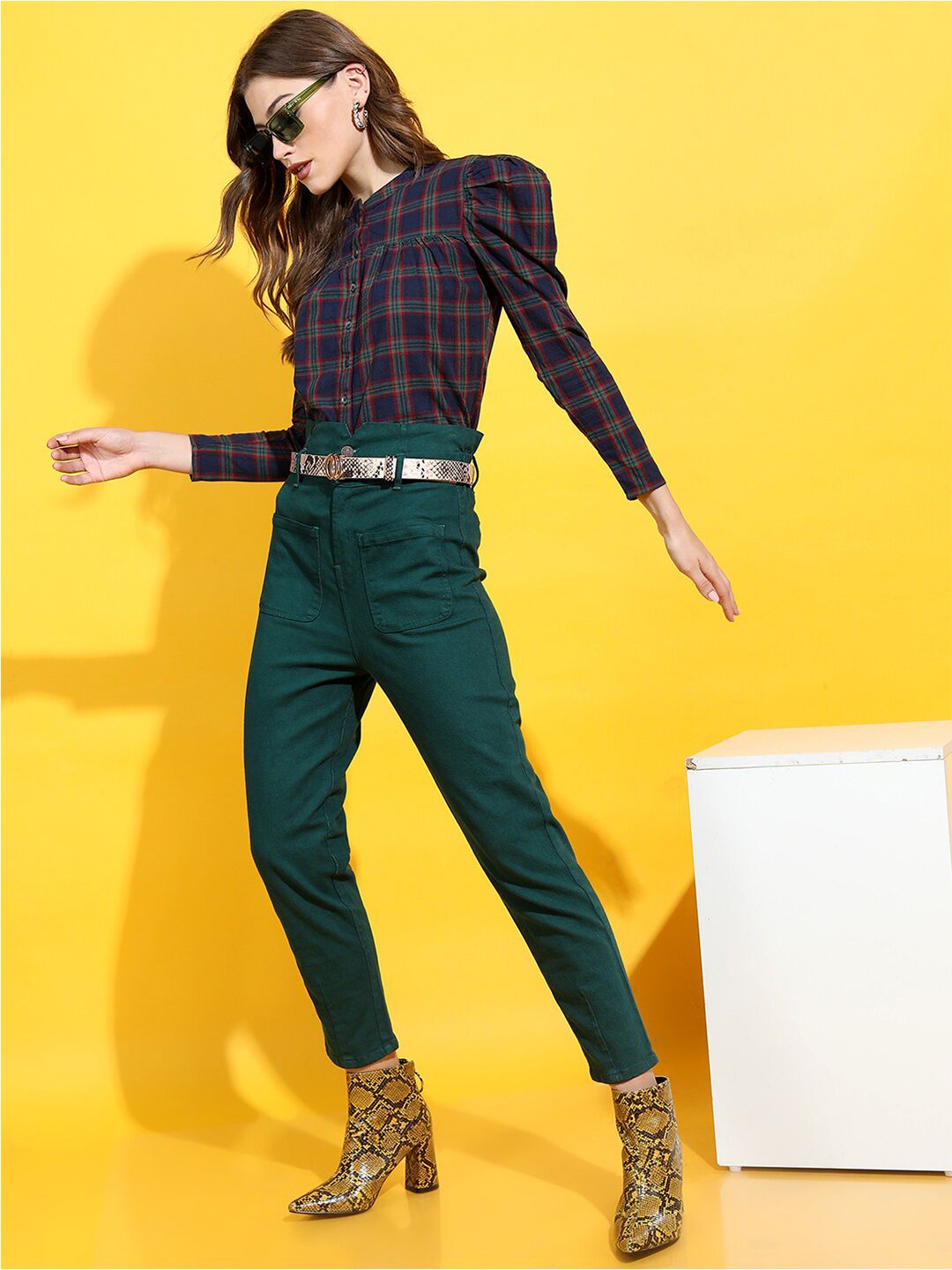 Tokyo Talkies Navy Blue Checked Mandarin Collar Pure Cotton Shirt Style Top