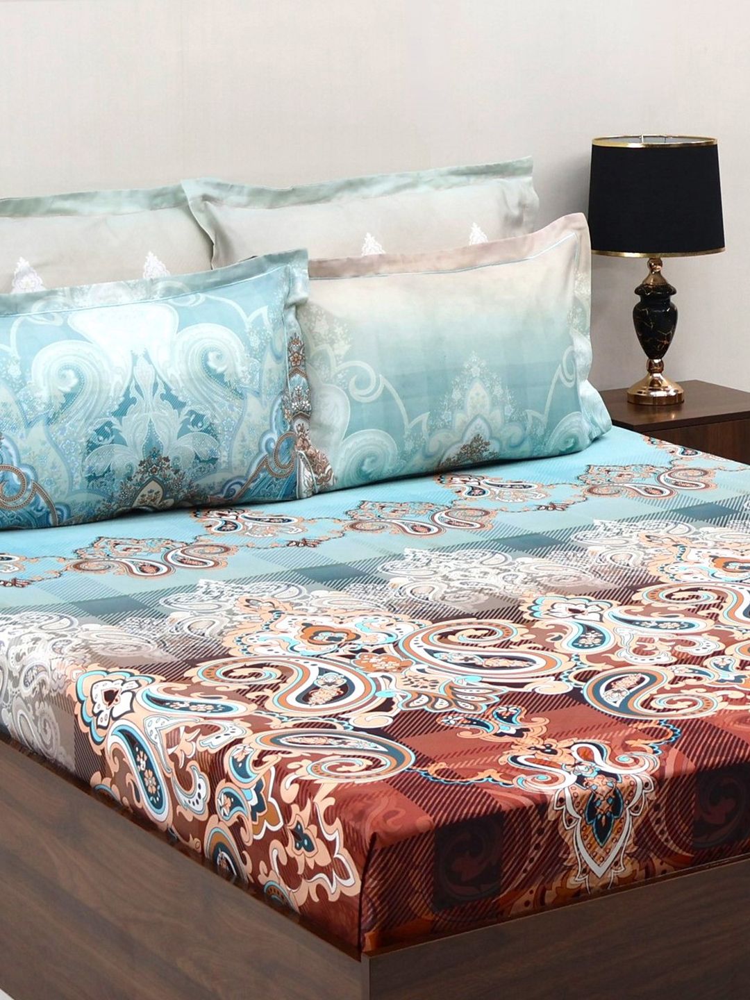 BOMBAY DYEING Ethnicity Turquoise Blue Printed Cotton 300TC King Bedsheet Set 2.74 x 2.74m