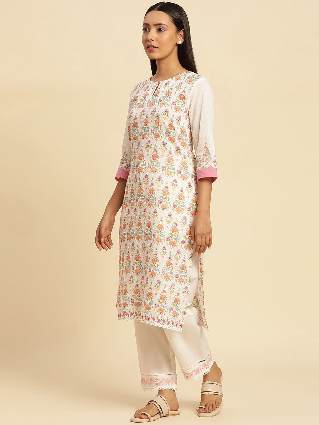 W Ethnic Motifs Printed Keyhole Neck Pure Cotton Straight Kurta