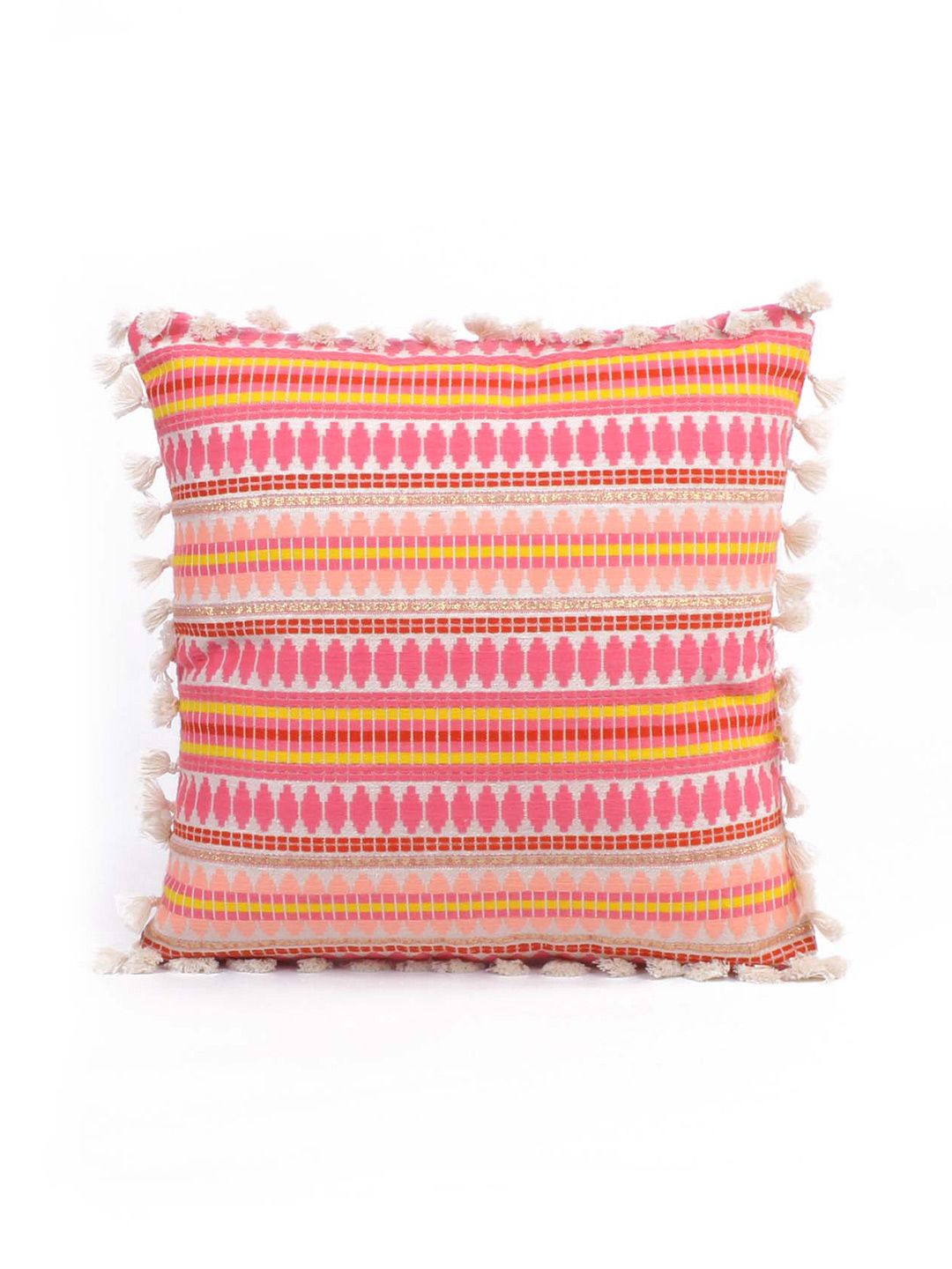 STITCHNEST Fuchsia & White 2 Pieces Ethnic Motifs Woollen Square Cushion Covers