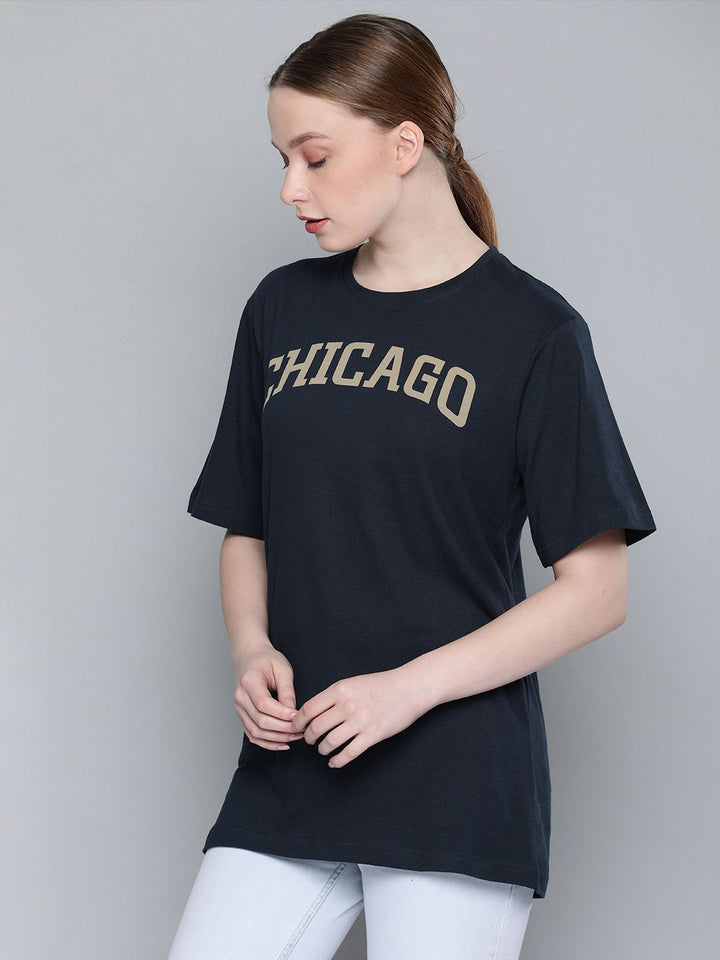 DILLINGER Women Navy Blue Printed Round Neck Longline Oversized Pure Cotton T-shirt