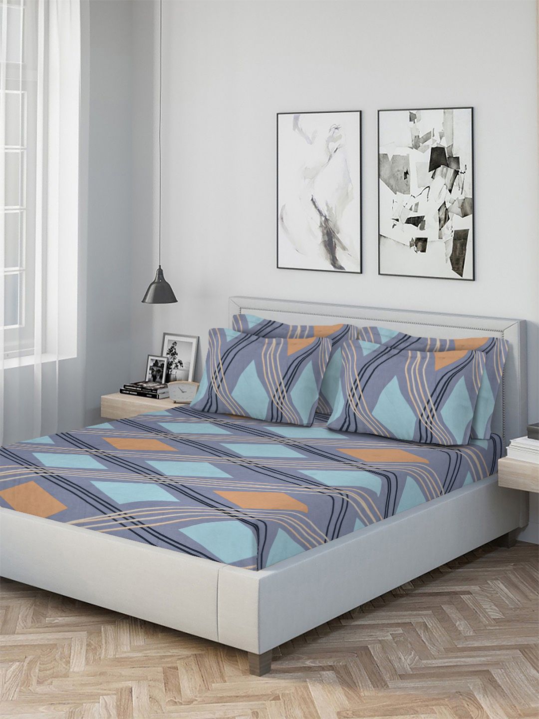 Myntra Elegant Homes Blue Geometric 300 TC Bedsheet with 2 Pillow Covers