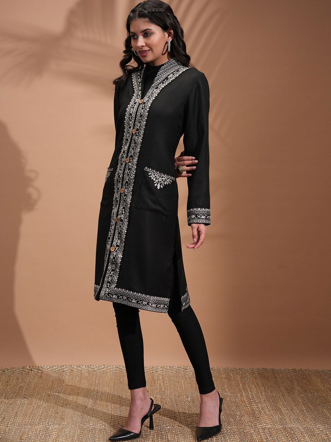 Vishudh Black Floral Embroidered Spread Collar Longline Tailored Jacket