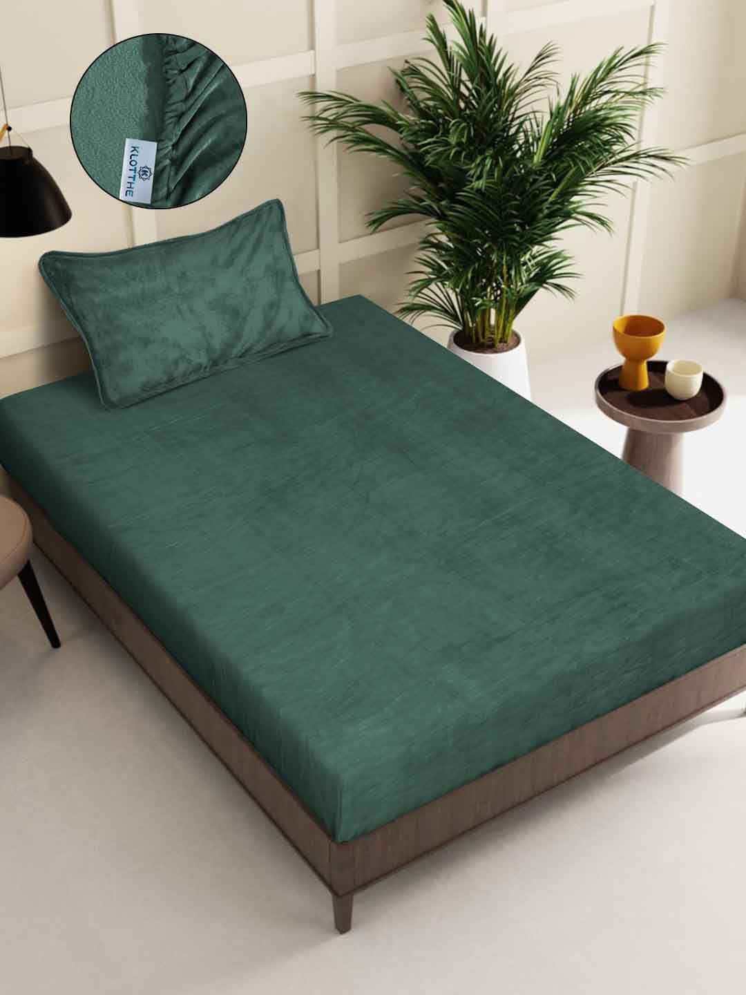 KLOTTHE Green Solid Fitted 300 TC Woolen Single Bedsheet with 1 Pillow Cover