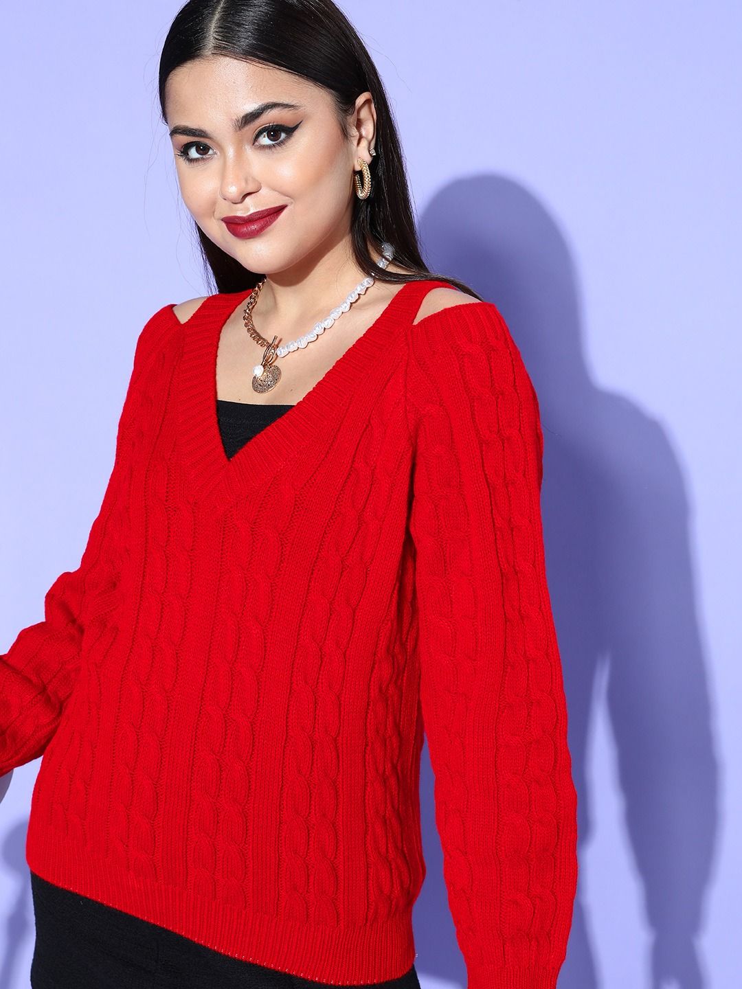 Berrylush Women Stunning Red Cable Knit Knits Bits Sweater