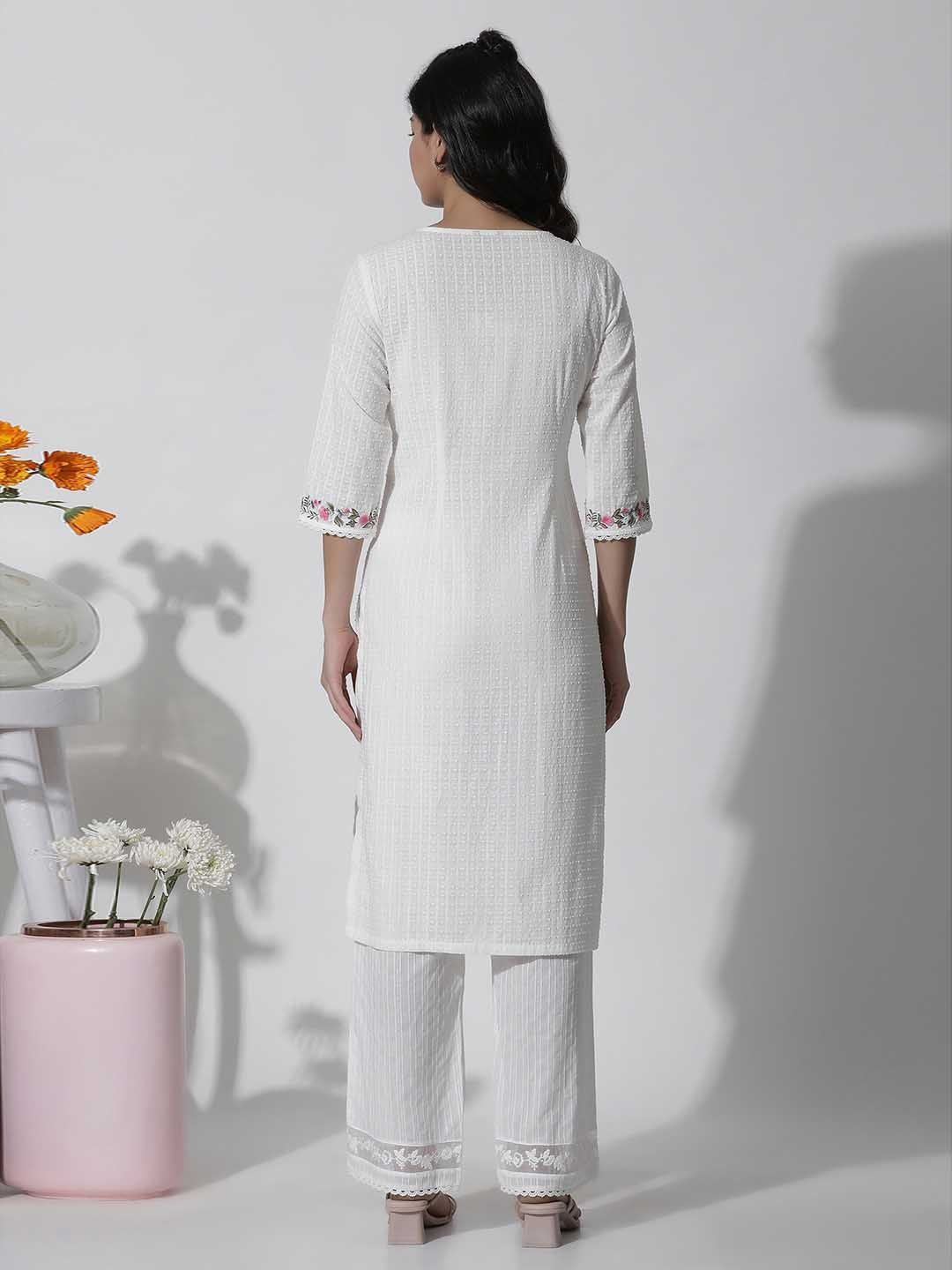W Floral Yoke Design Thread Work Pure Cotton Straight Kurta