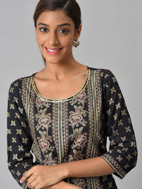 Aurelia Women Black Floral Print Viscose Straight Kurta