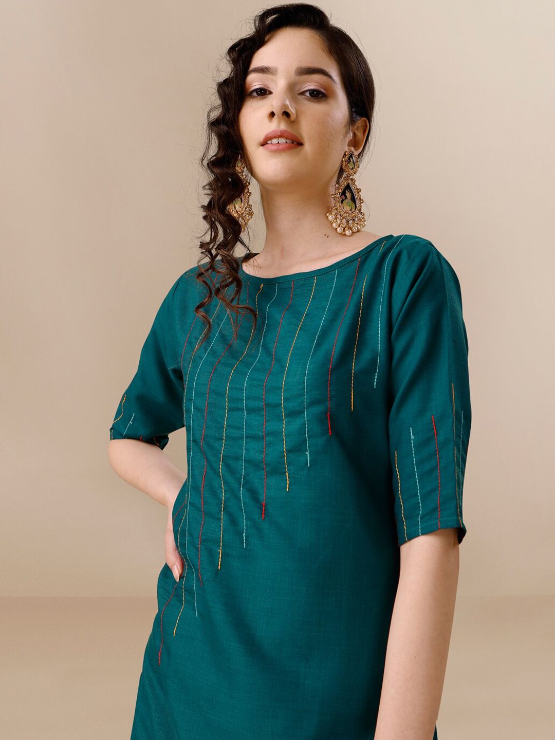 KALINI Yoke Design Thread Work Pure Cotton Kurta With Trousers & Dupatta