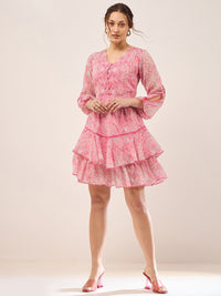 Antheaa Abstract Printed Puff Sleeves Gathered Layered Fit & Flare Dress