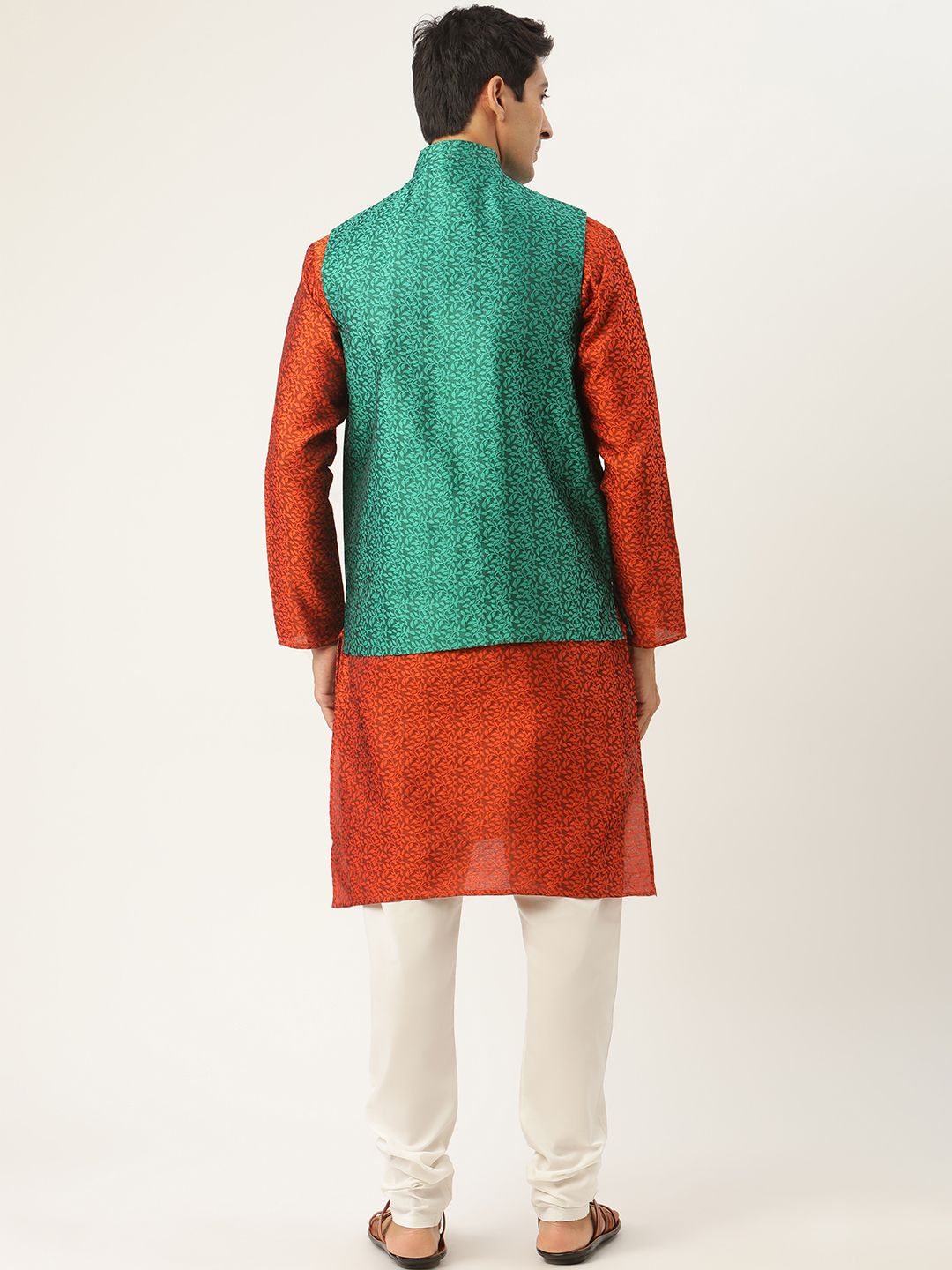 SOJANYA Men Orange & Green Ethnic Motifs Woven Design Kurta with Churidar & Nehru Jacket