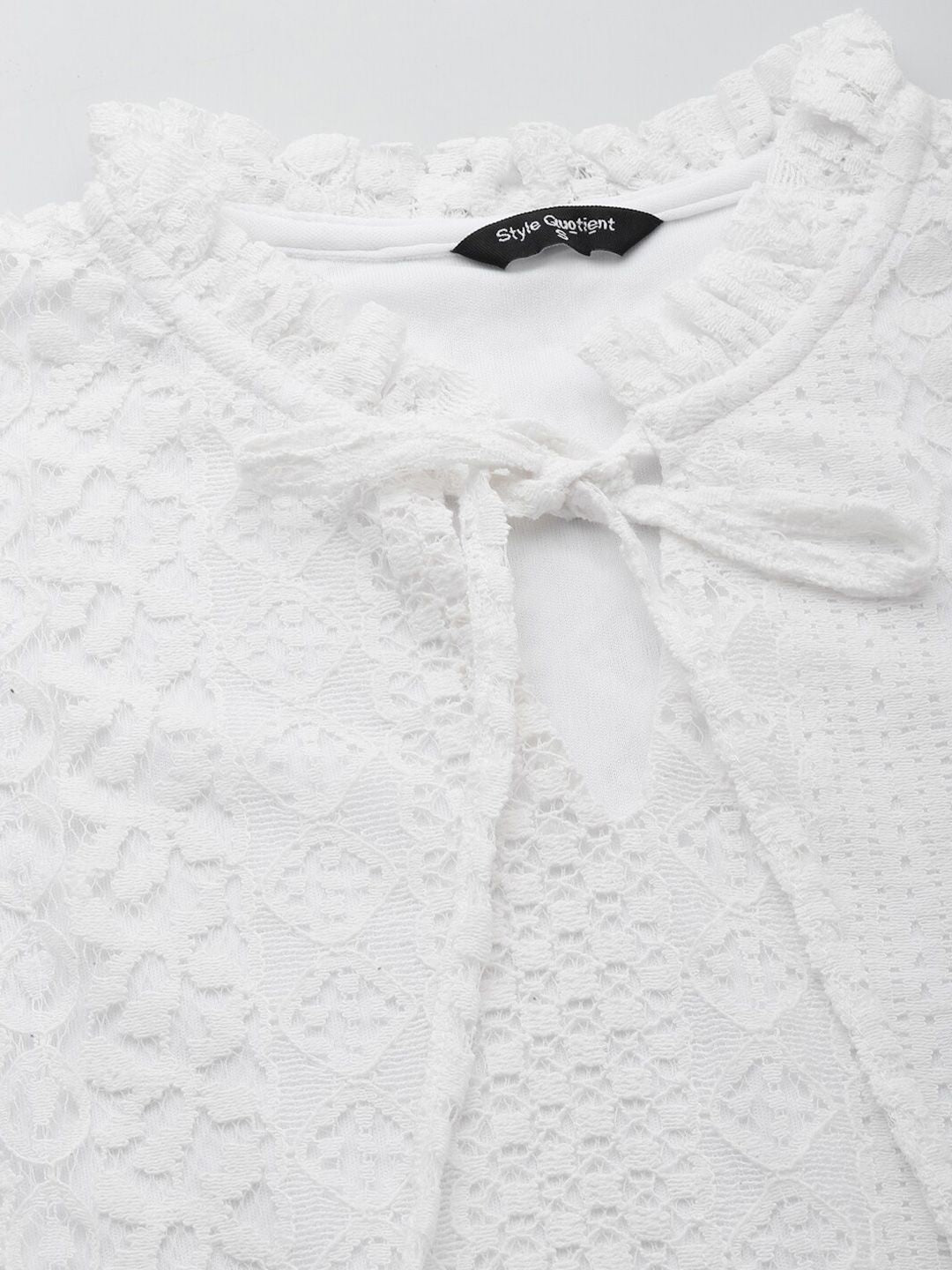 Style Quotient Self Design Tie-Up Neck Puff Sleeves Lace Cotton Top