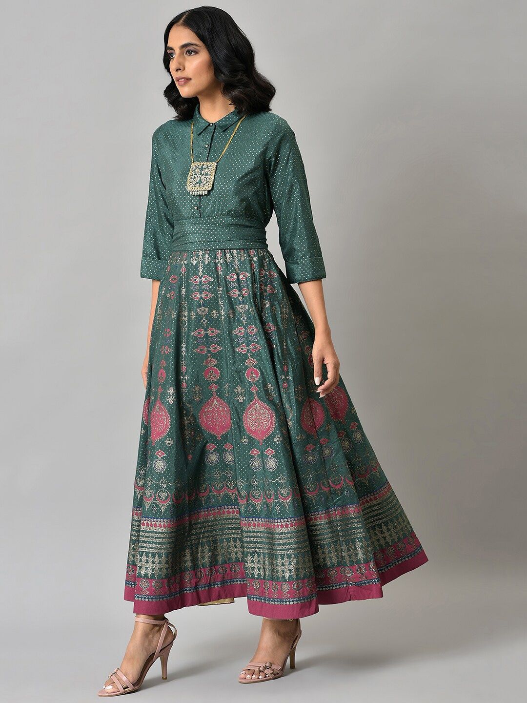 W Women Green Ethnic Motifs Ethnic Maxi Dress