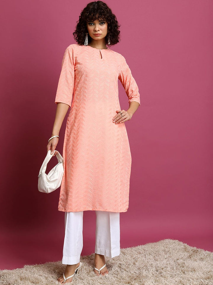 Vishudh Peach Floral Embroidered Straight Kurta