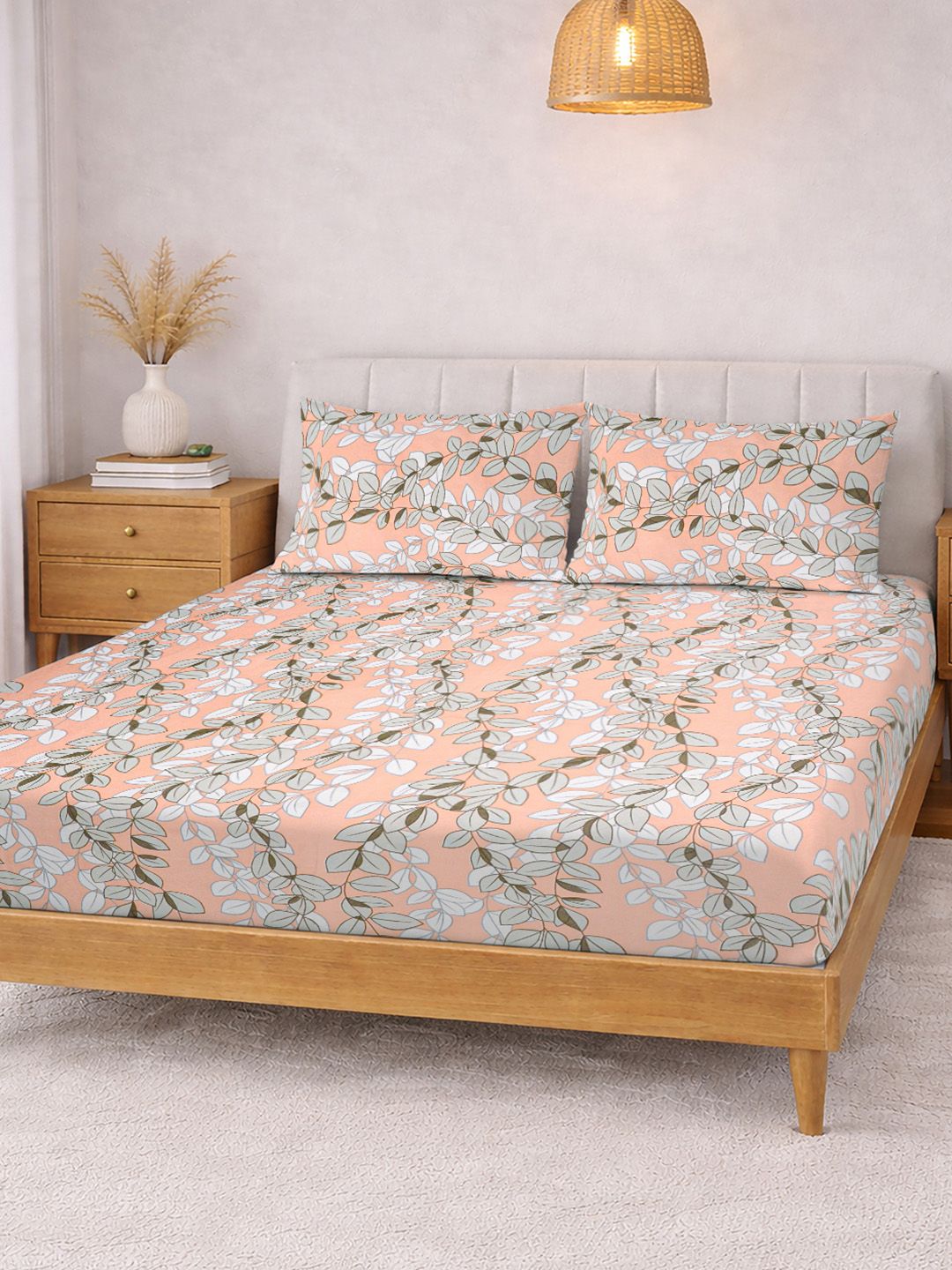 KLOTTHE Oren & Putih Bercetak 300 TC Cadar Katil Double Dengan 2 Sarung Bantal- 2.5 m x 2.25 m