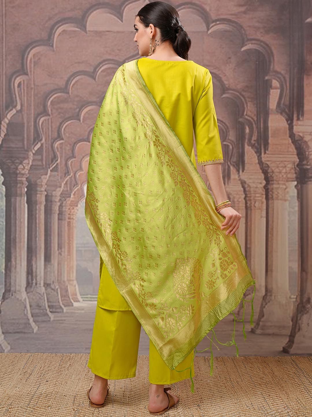 Vishudh Lime Green Gotta Patti Straight Kurta with Palazzo & Dupatta