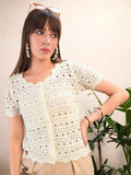 SASSAFRAS Self Design Round Neck Crochet Shirt Style Top