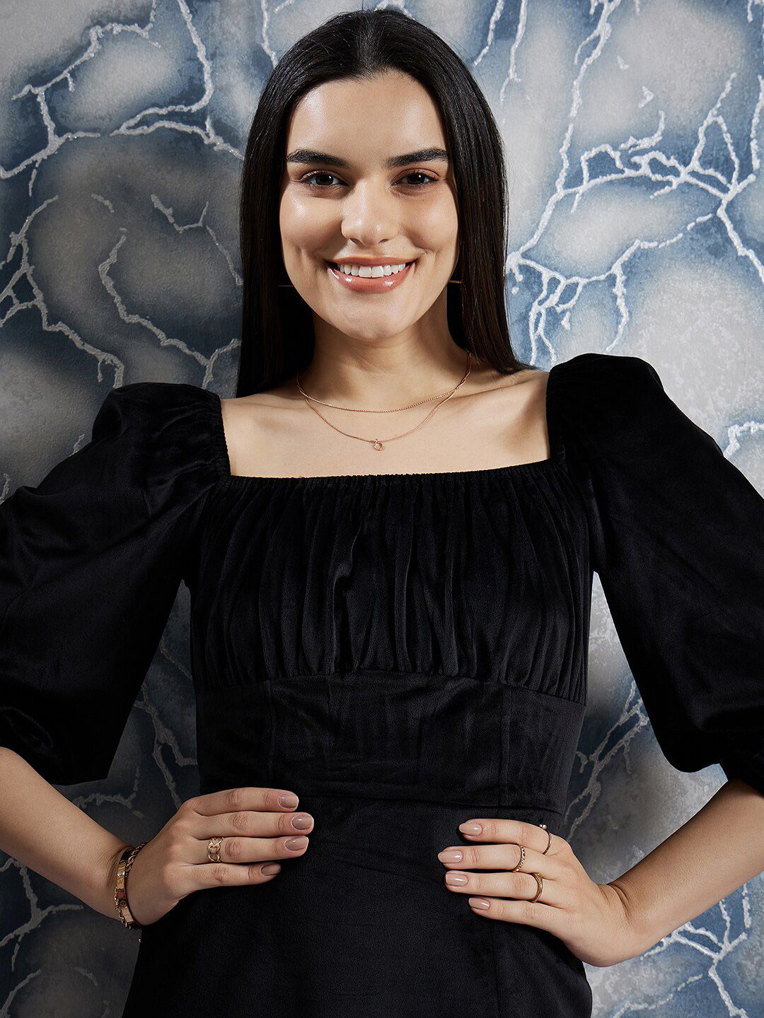 Athena Black Square Neck Puff Sleeves Gathered Detailed Midi Sheath Dress