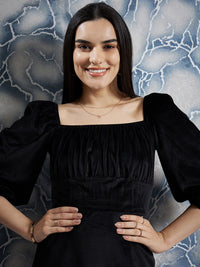 Athena Black Square Neck Puff Sleeves Gathered Detailed Midi Sheath Dress