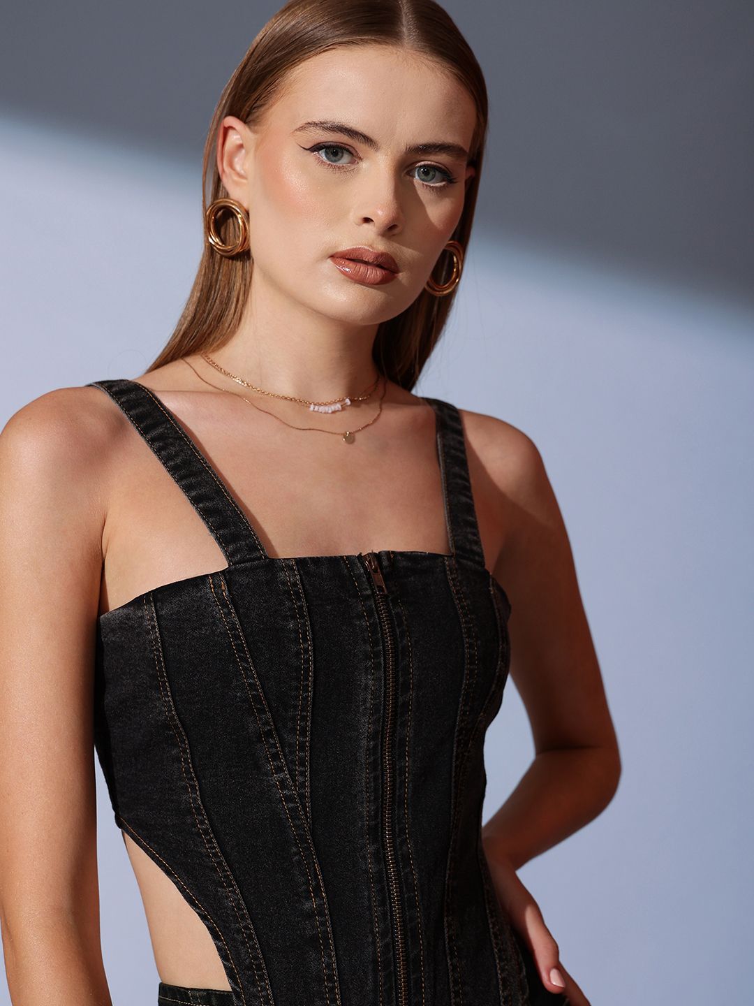 STREET 9 Solid Sleeveless Denim Crop Top
