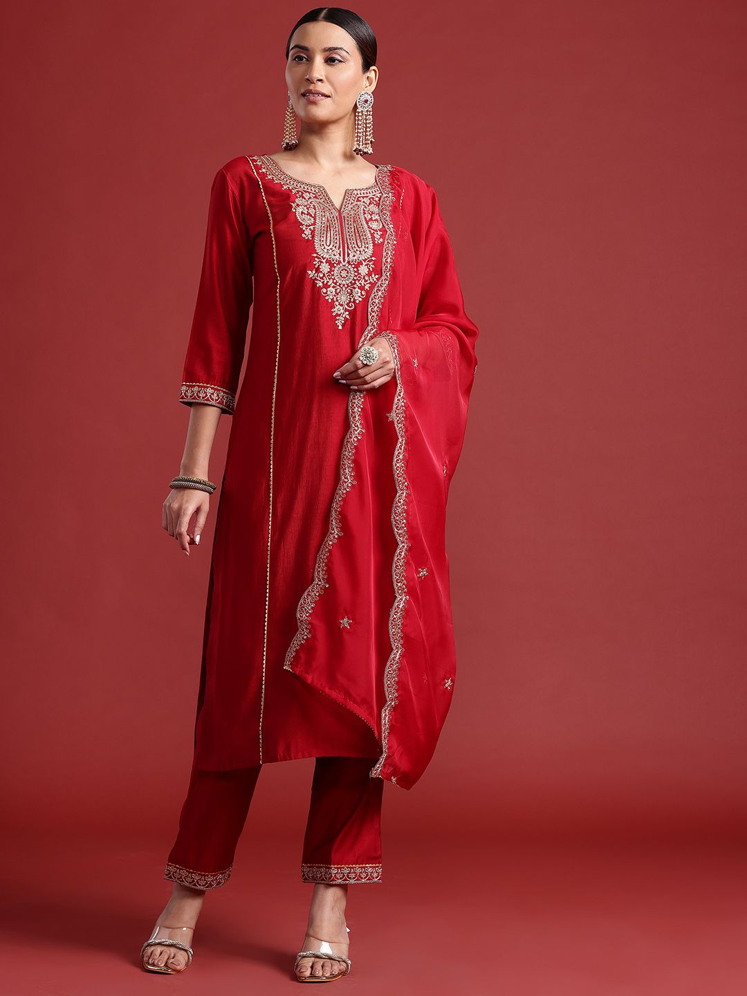 Indo Era Ethnic Motifs Yoke Design Zari Panelled Liva Kurta With Trousers & Dupatta