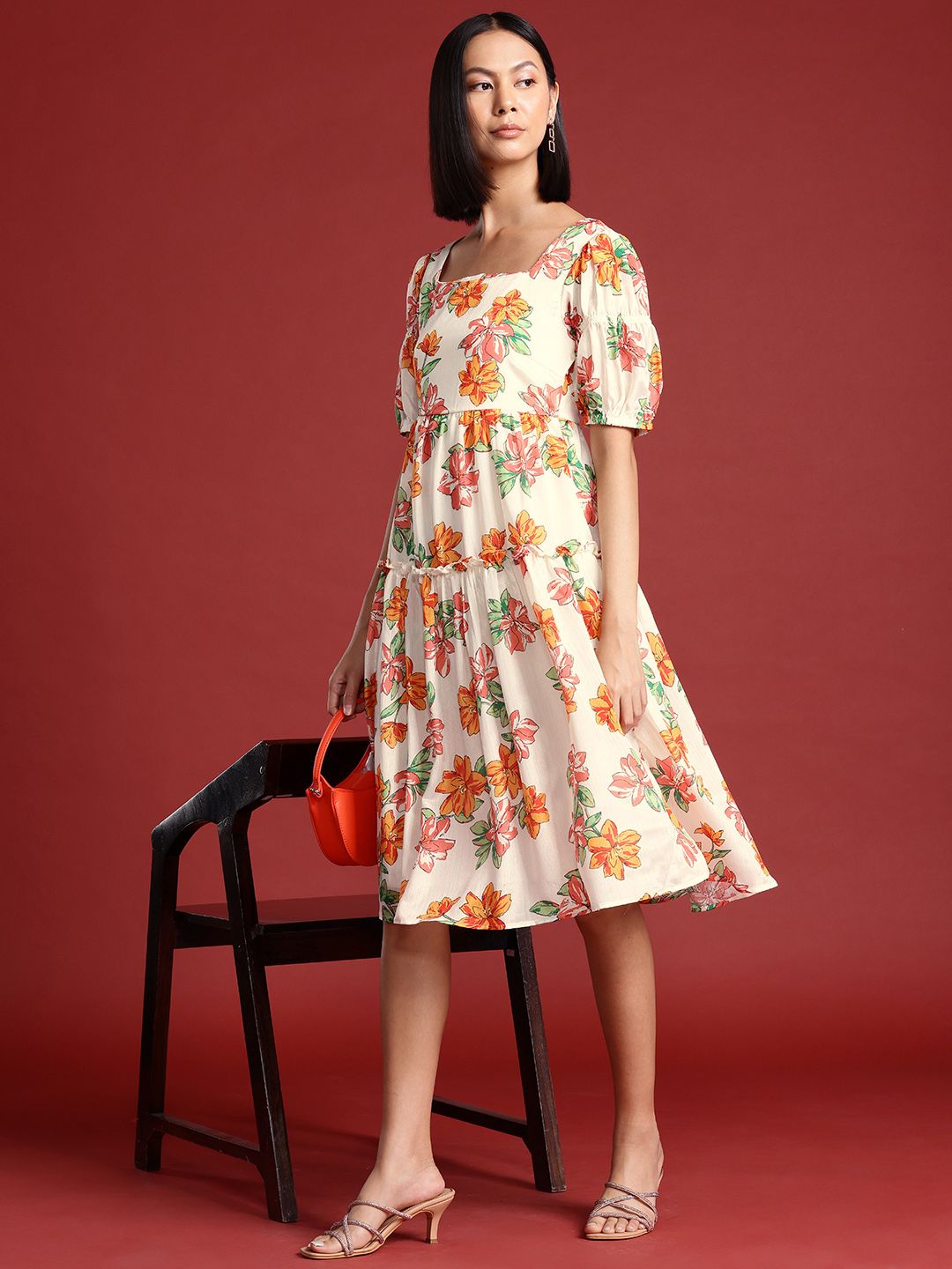all about you Floral Print Puff Sleeve A-Line Midi Dress