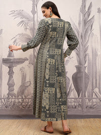 Vishudh Ethnic Motifs Printed V-Neck Puff Cuffed SleevesCotton A-Line Midi Dress