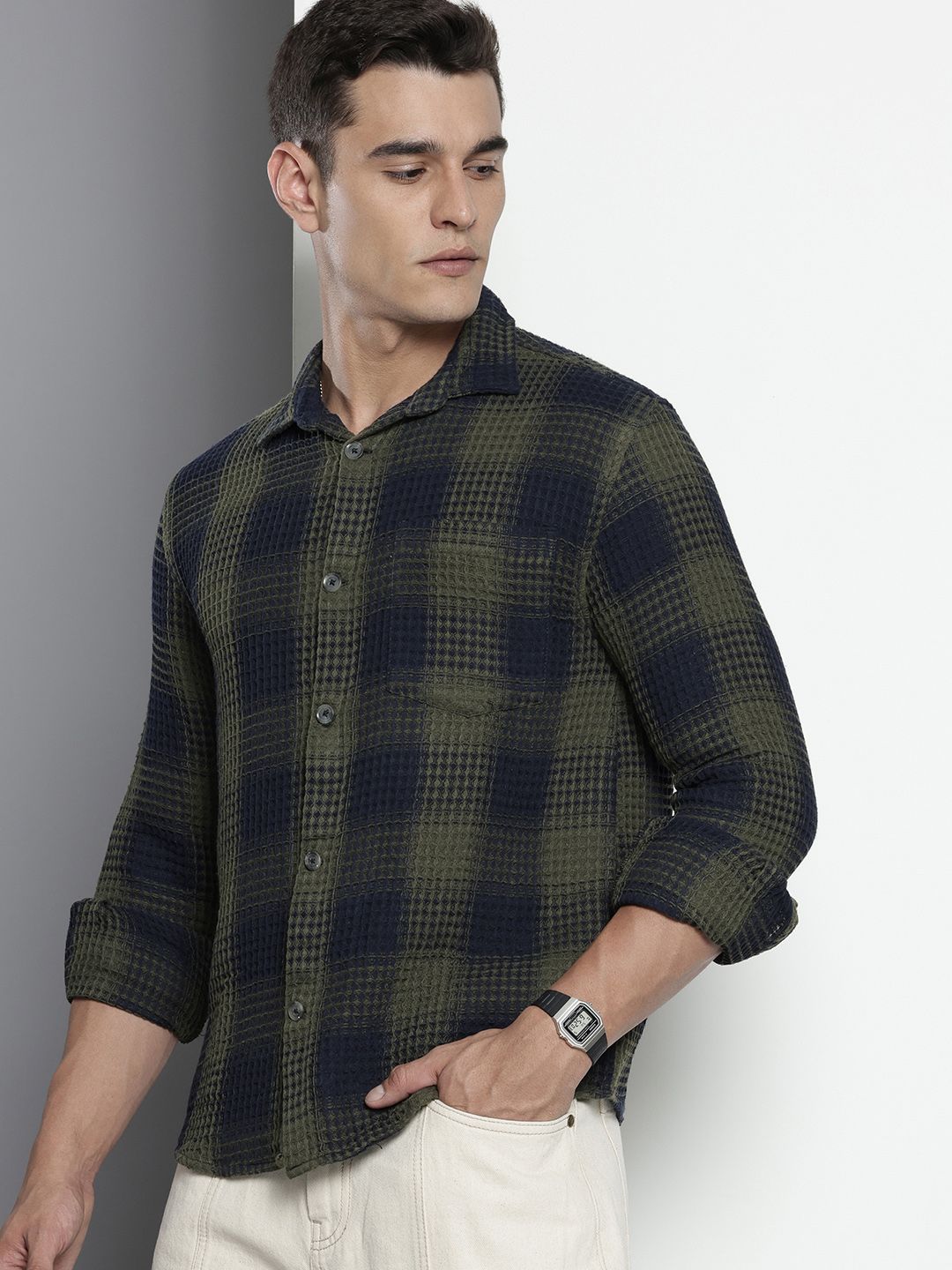 The Indian Garage Co. Relaxed Fit  Opaque Checked Textured Casual Shirt