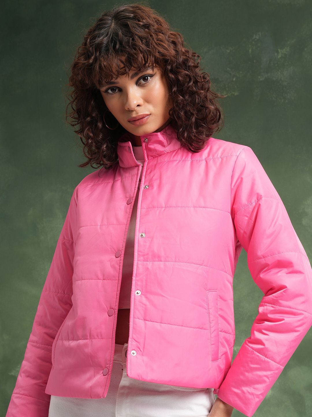 Tokyo Talkies Pink Stand Collar Padded Jacket