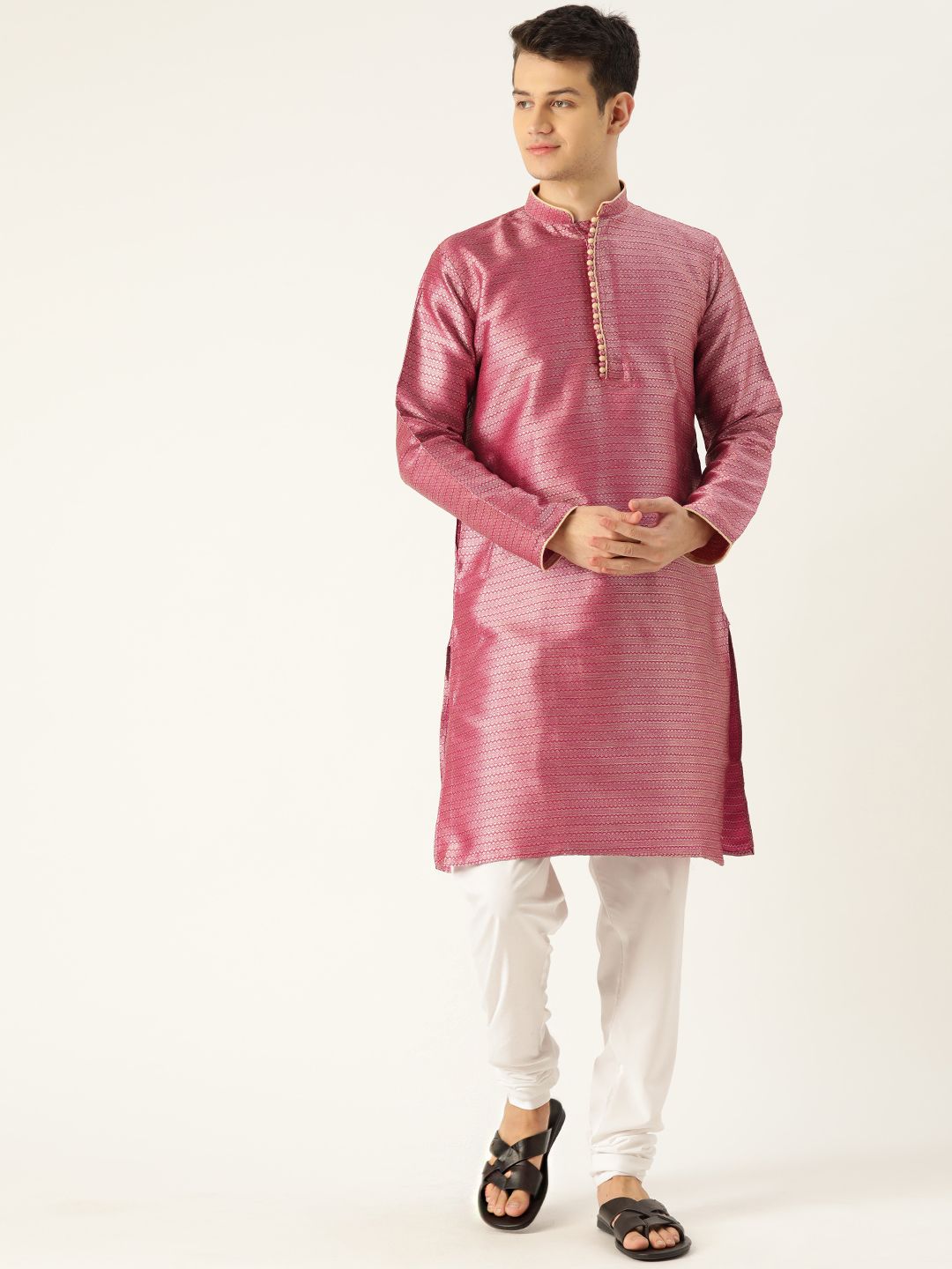 SOJANYA Men Pink & Golden Woven Design Straight Kurta