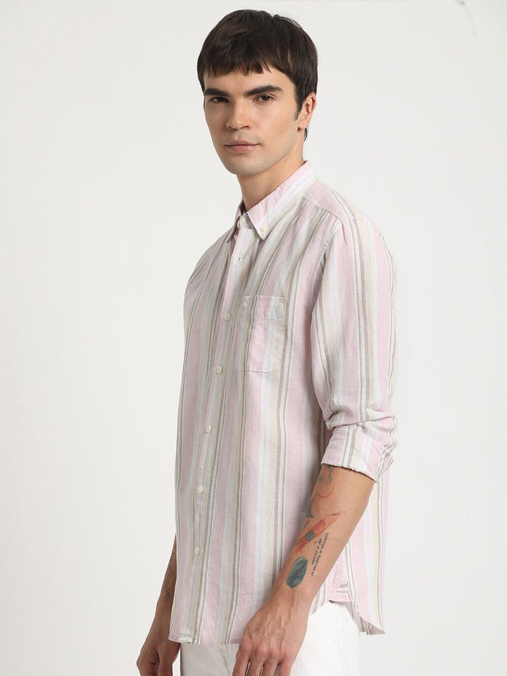 THE BEAR HOUSE Slim Fit Vertical Striped Button-Down Collar Cotton Linen Casual Shirt