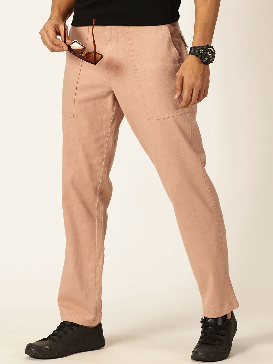 Thomas Scott Men Smart Regular Fit Mid-Rise Easy Wash Linen Chinos Trousers