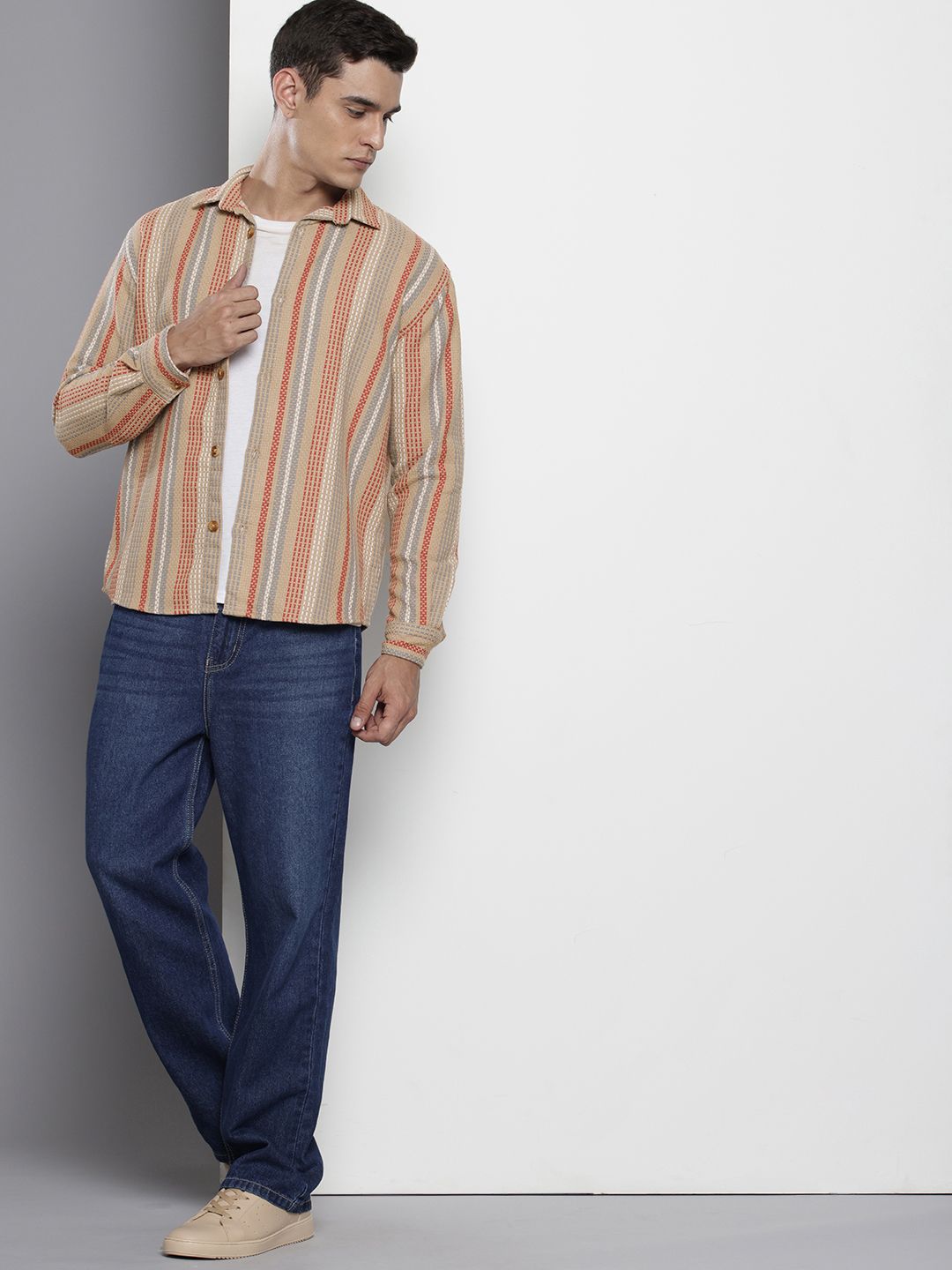 The Indian Garage Co Pure Cotton Striped Drop-Shoulder Sleeves Relaxed Casual Shirt