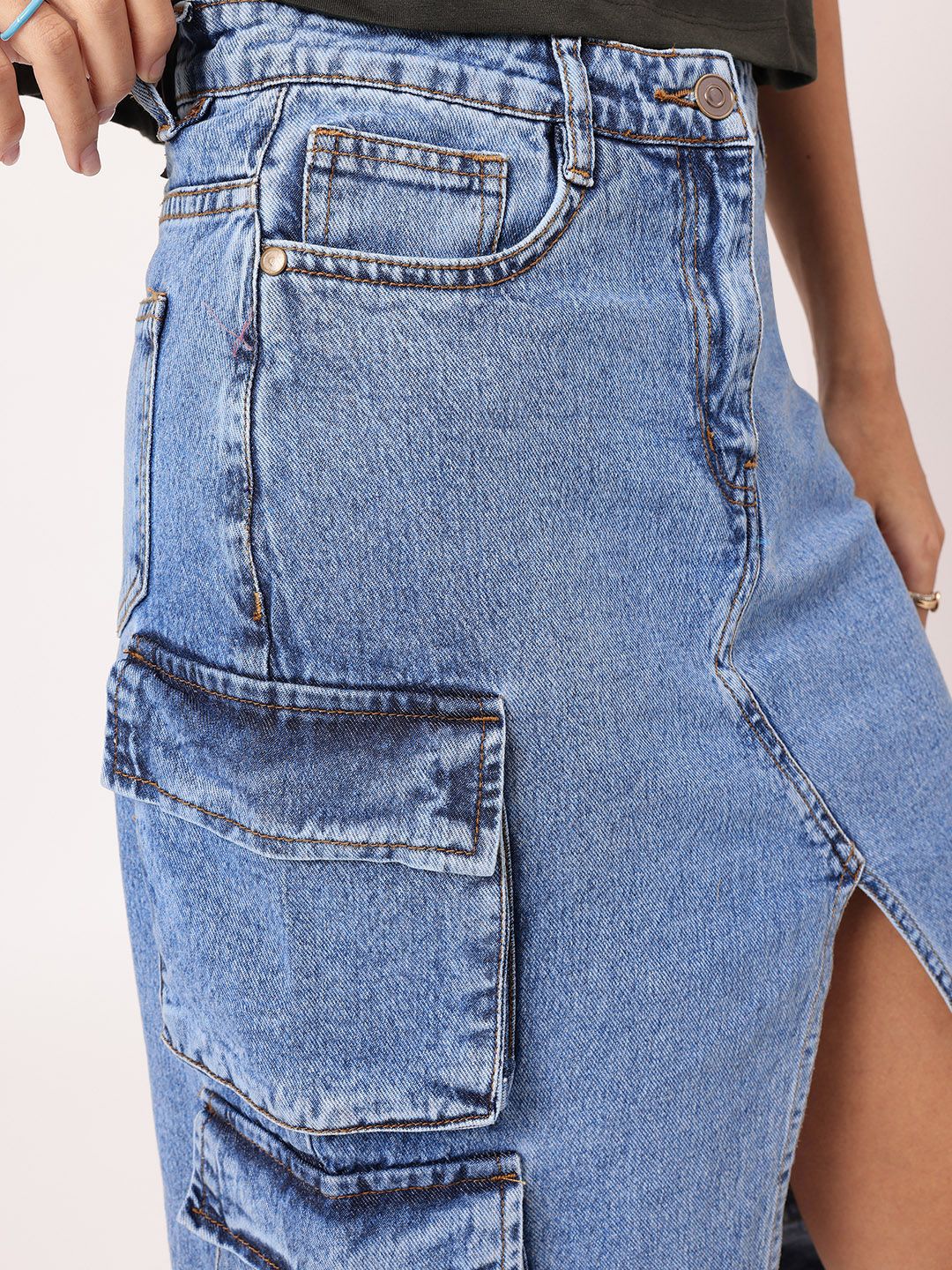 DressBerry Urban Edge Front Slit Cargo-Style Denim Midi Skirt